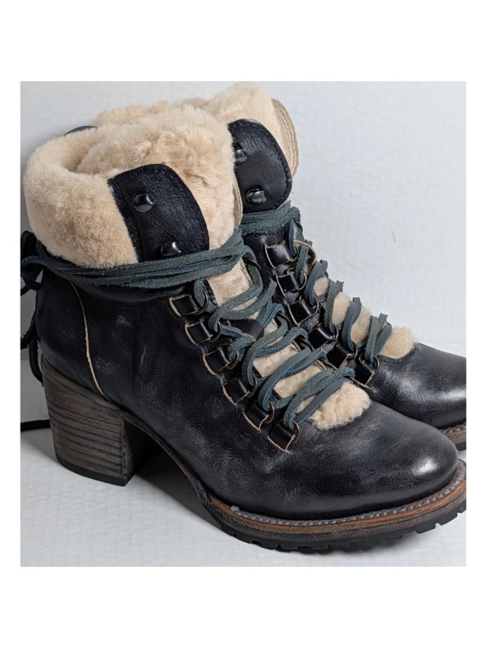 Freebird by Steven Black Leather Lace-Up Shearling Trim Block Heel Booties